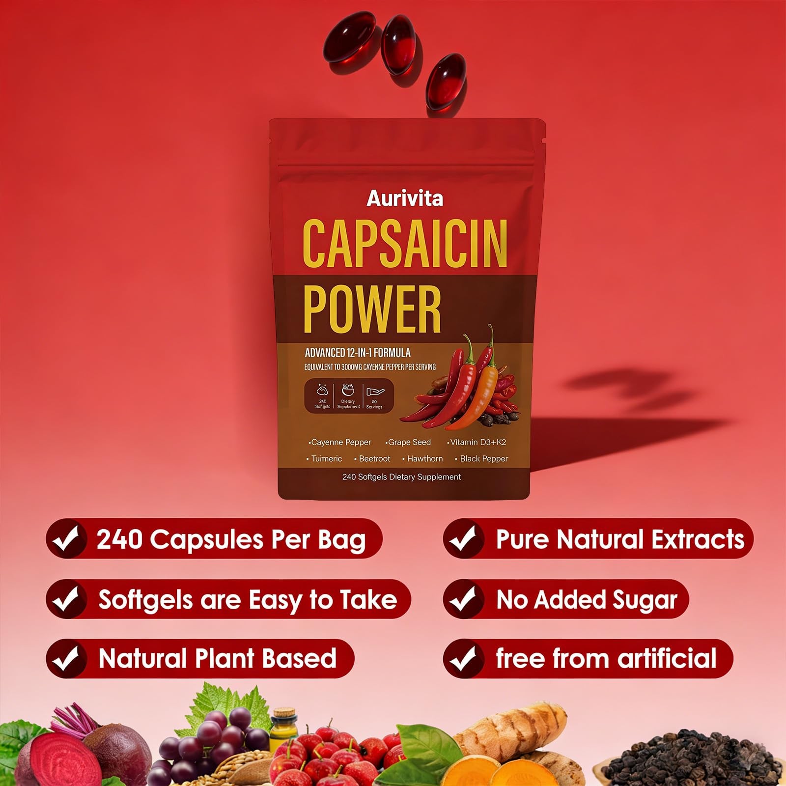 Aurivita Cayenne Capsaicin Softgels + D3, K2, Beetroot, Grape Seed 240 ct