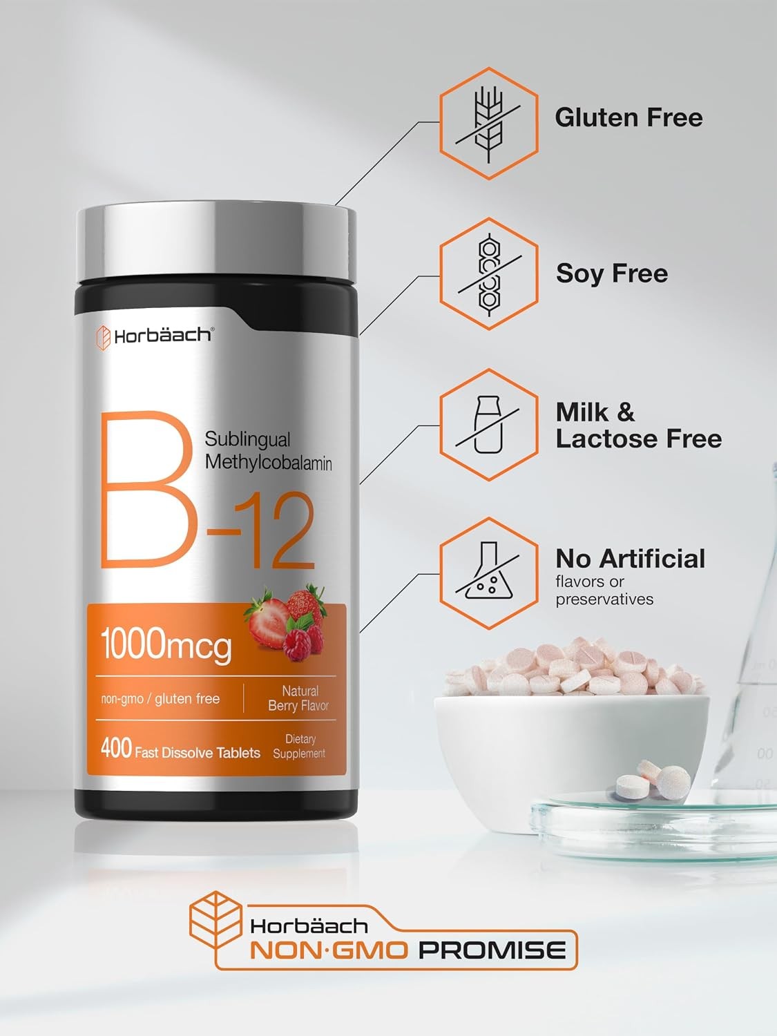 B12 Sublingual 1000 mcg | 400 Dissolvable Vitamins | Vegan Tablets | by Horbaach