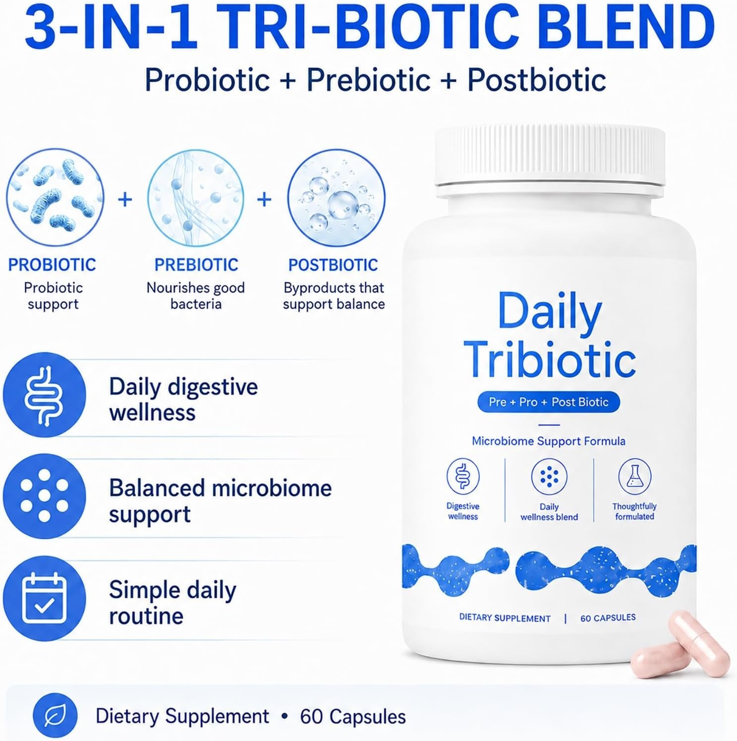 Daily Tribiotic Capsules, Probiotic, Prebiotic & Postbiotic Blend, 60 Count