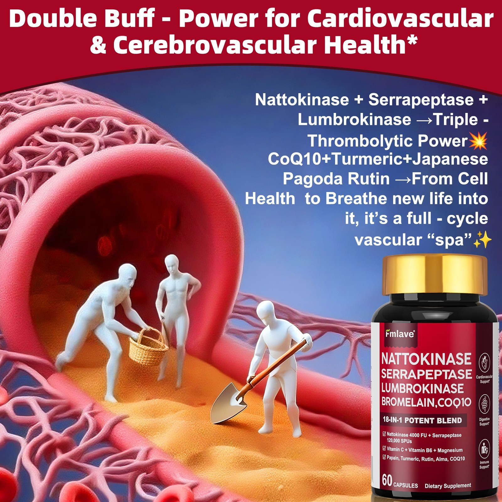 Nattokinase Supplement 4000FU Bromelain, Blood Flow, Heart Cardiovascular Health