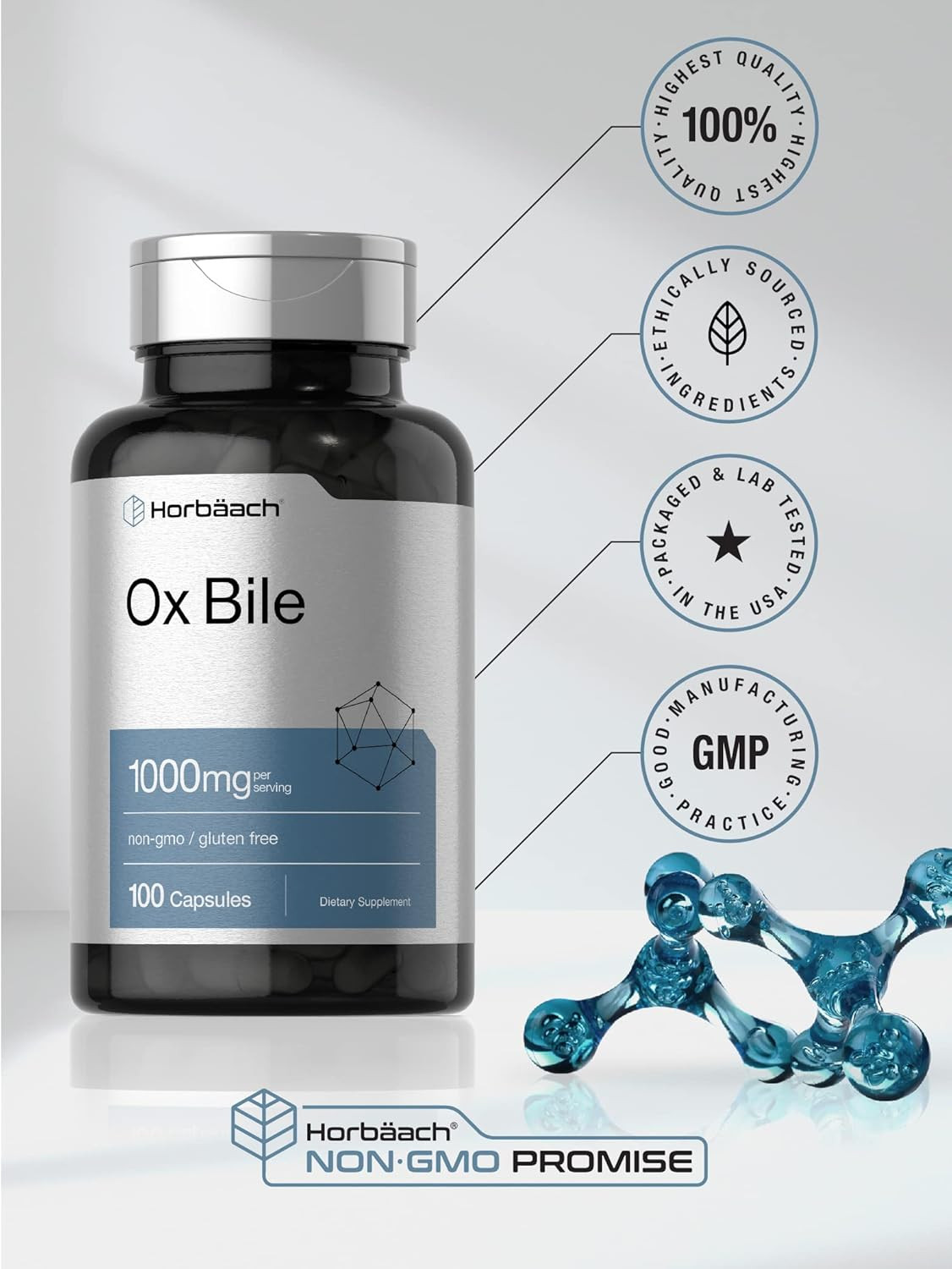 Ox Bile 1000mg | 100 Capsules | Digestive Support | Non-GMO, Gluten Free