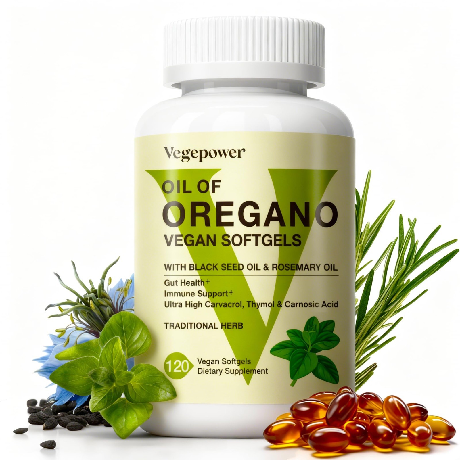 Vegan Oregano Oil Softgels with Black Seed Oil, 120 Ct – Immune Support & Digest