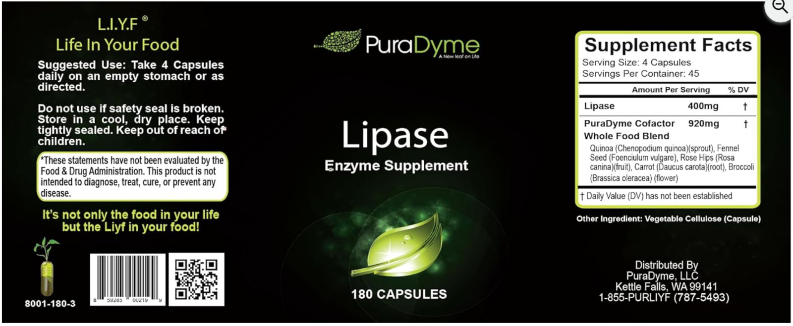 PuraDyme Lipase Enzyme 180 Capsules Digestive Enzyme