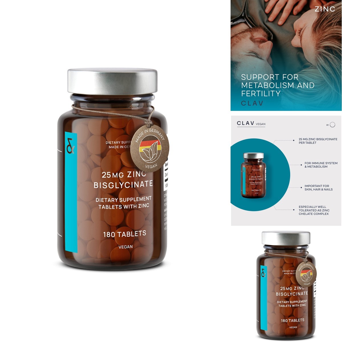 CLAV Zinc 25mg, High Strength, Vegan Certified, 180 Tablets