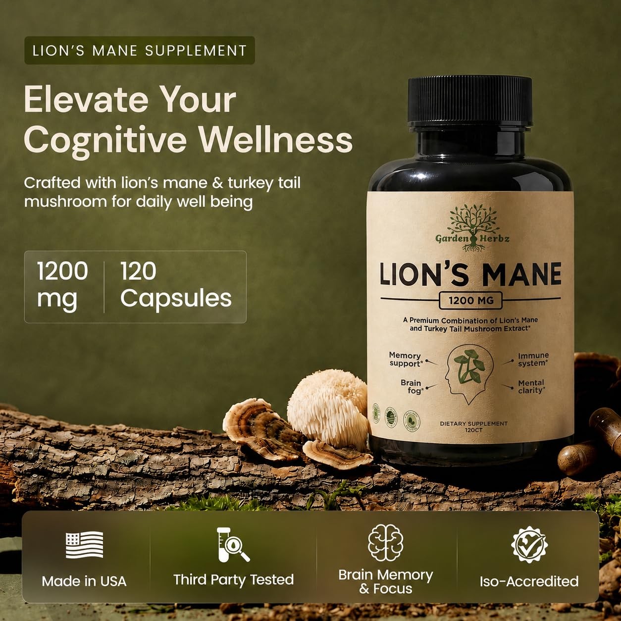 Lion’s Mane Mushroom Supplement Capsules with Turkey Tail for Memory & Focus …
