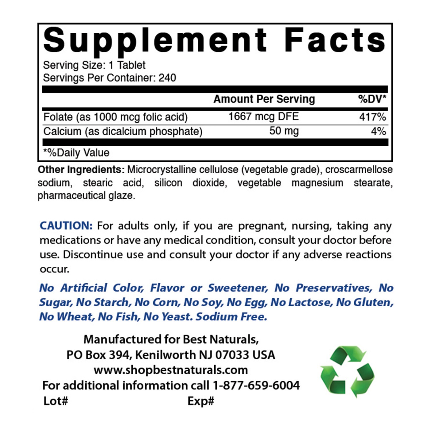 Best Naturals Folic Acid 1000 mcg (Vitamin B9), 240 Tablets