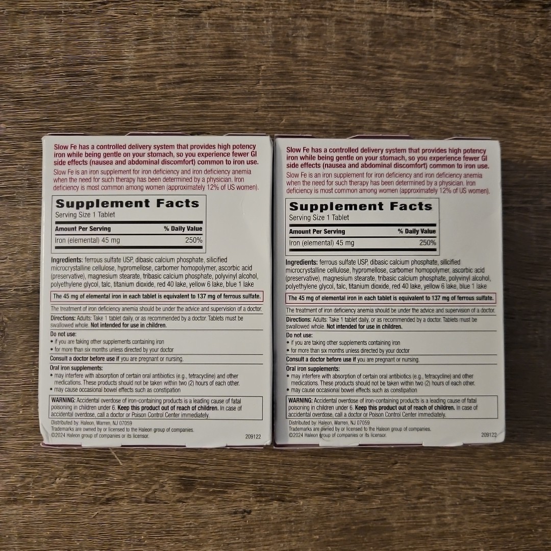 Slow Fe Iron Supplement High Potency Slow Release Tablets 60 Count X2 Exp 2028+