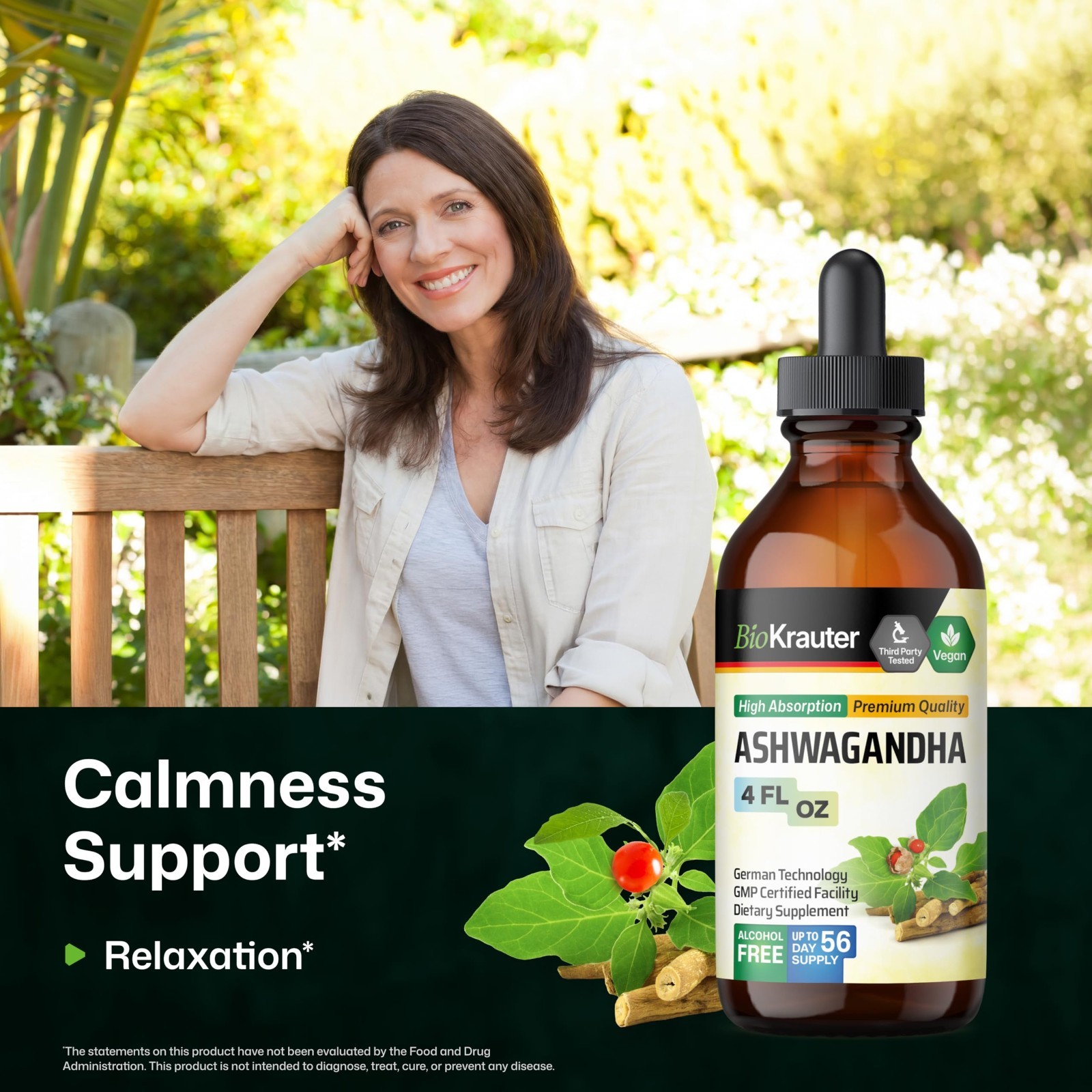 Vegan Ashwagandha Liquid Drops – 685mg, 4 Fl Oz, Mood & Relaxation Support, 56-D