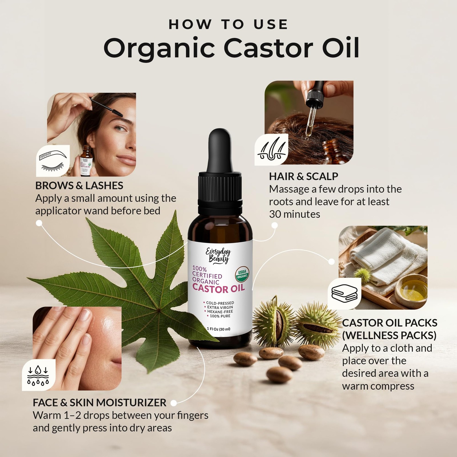 Organic Castor Oil – 100% Pure Certified USDA Organic, Cold Pressed & Hexane-Fre
