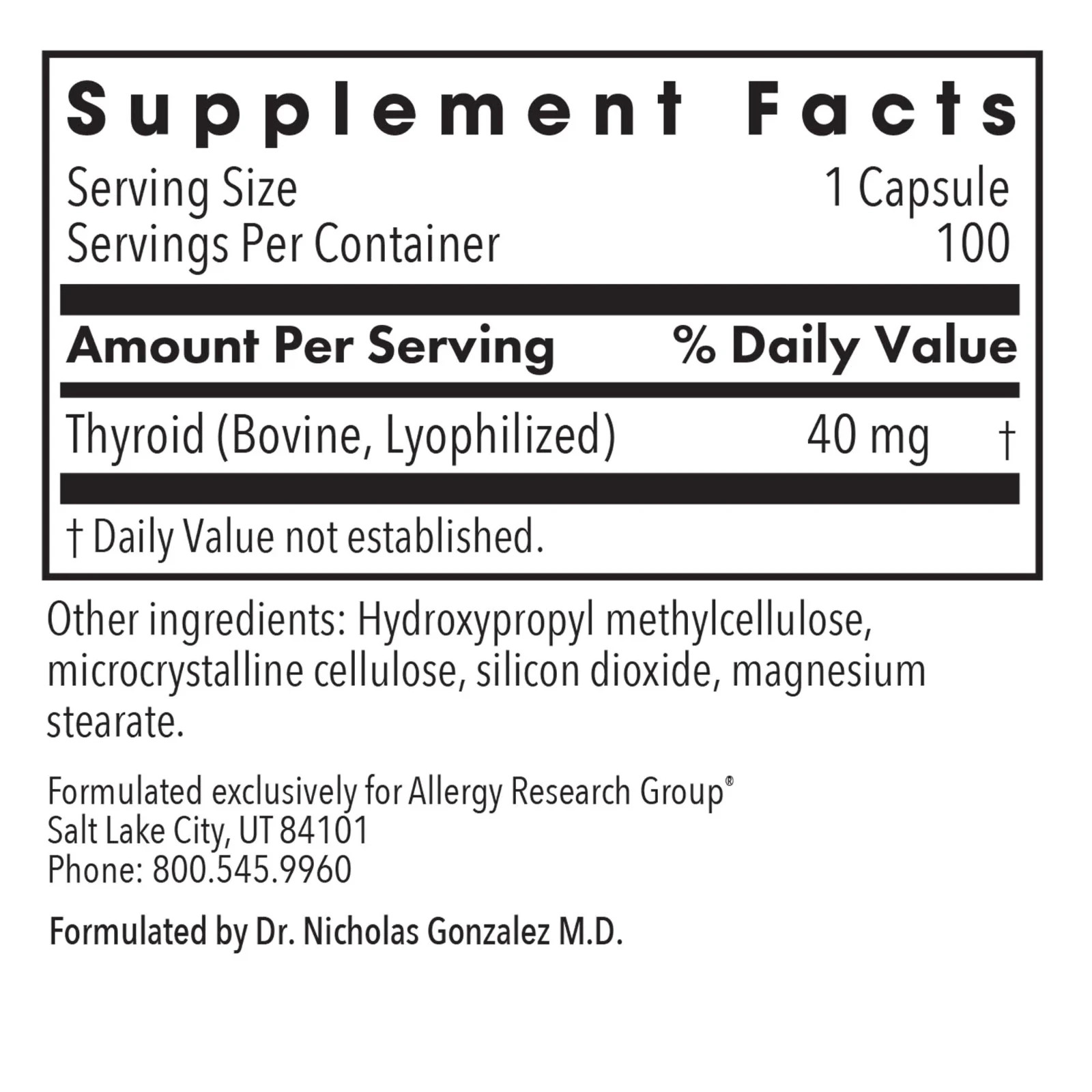 Thyroid Natural Glandular 100 vcaps Allergy Research Group EXP 02/2028