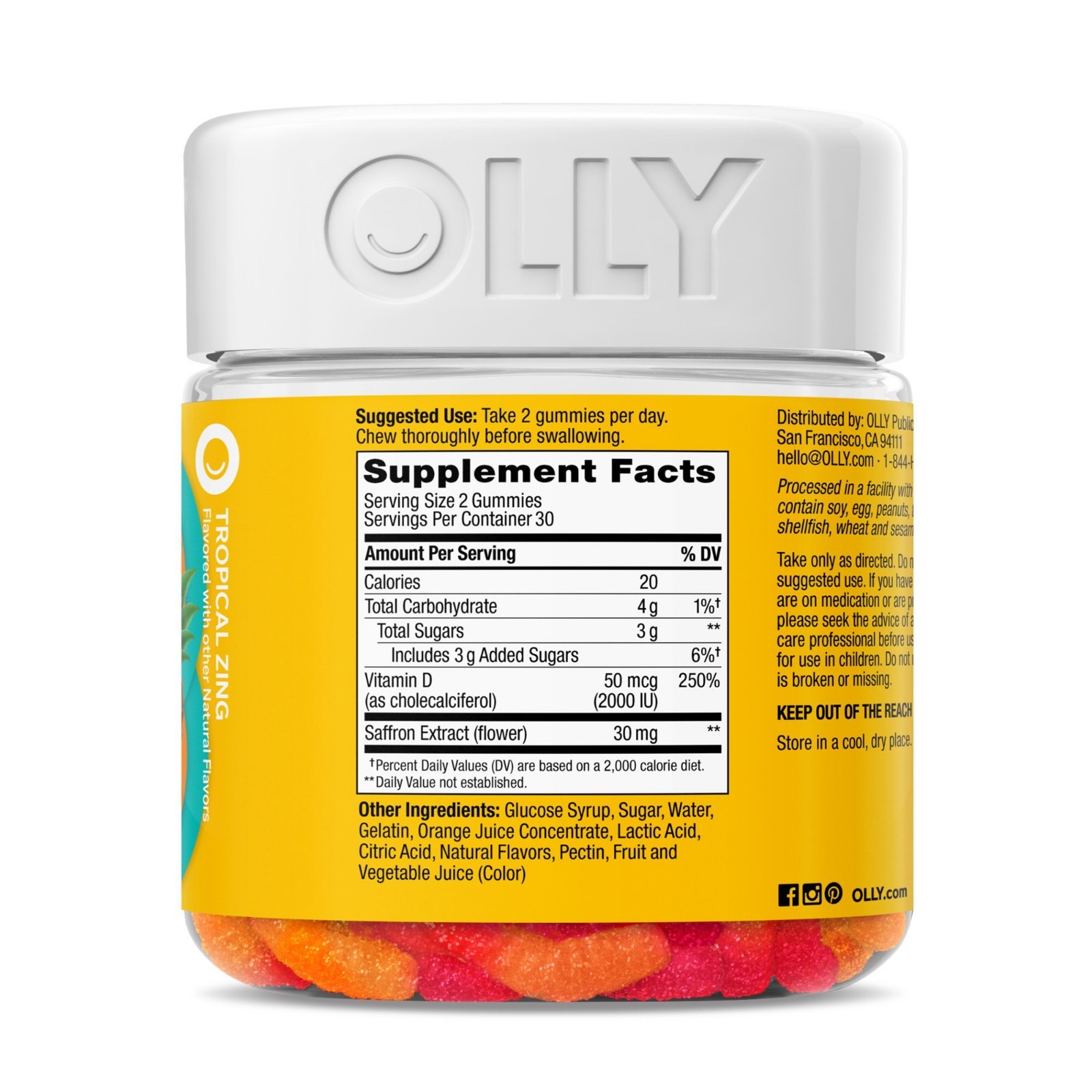 OLLY Hello Happy Gummy Worms, Mood Support, Vitamin D, Saffron, 60 Count