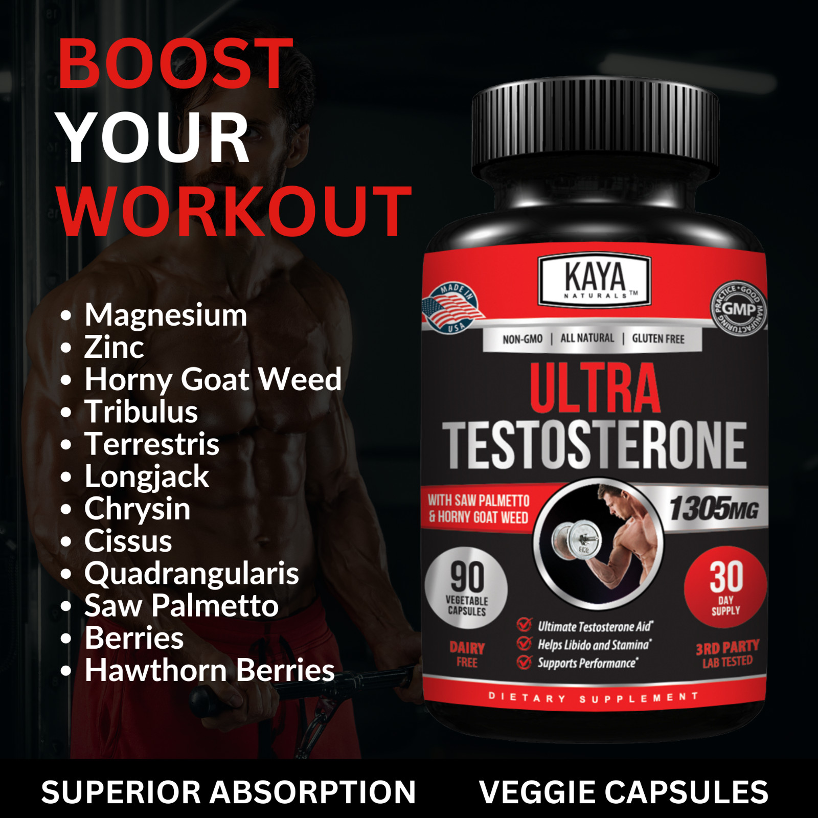 Natural Testosterone Booster 90ct Increase Energy Improve Muscle Strength Growth
