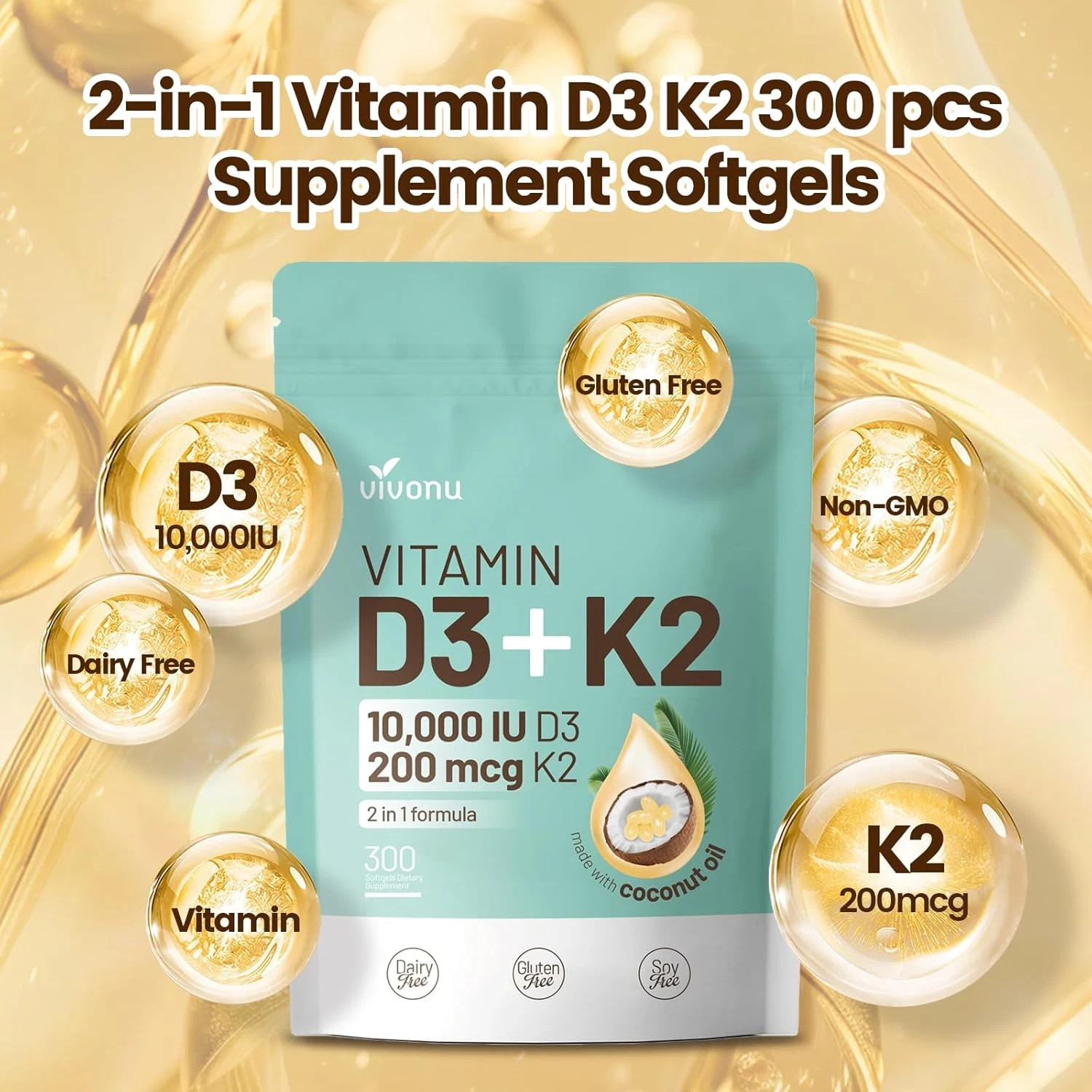 Vivonu Vitamin D3 10000 IU + K2 MK-7 200 mcg, 300 Softgels – Coconut Oil Enhance