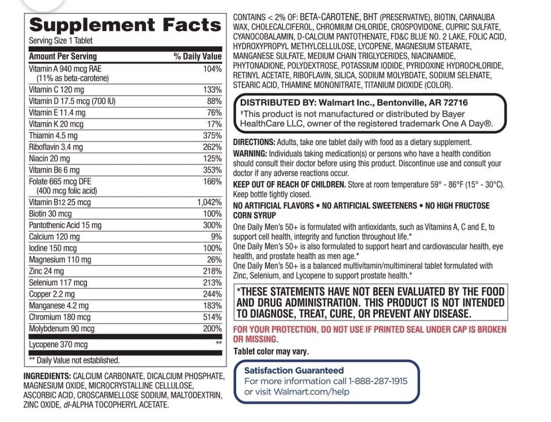 Equate Complete Multivitamin Multimineral Supplement Tablets Men 50+ ..