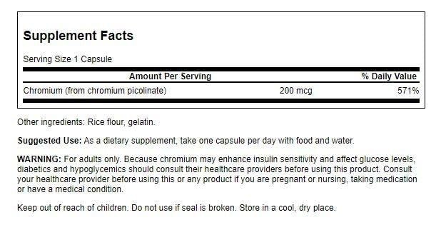 Swanson Chromium Picolinate 200 mcg 200 Vegan Caps Supplement Support Natural