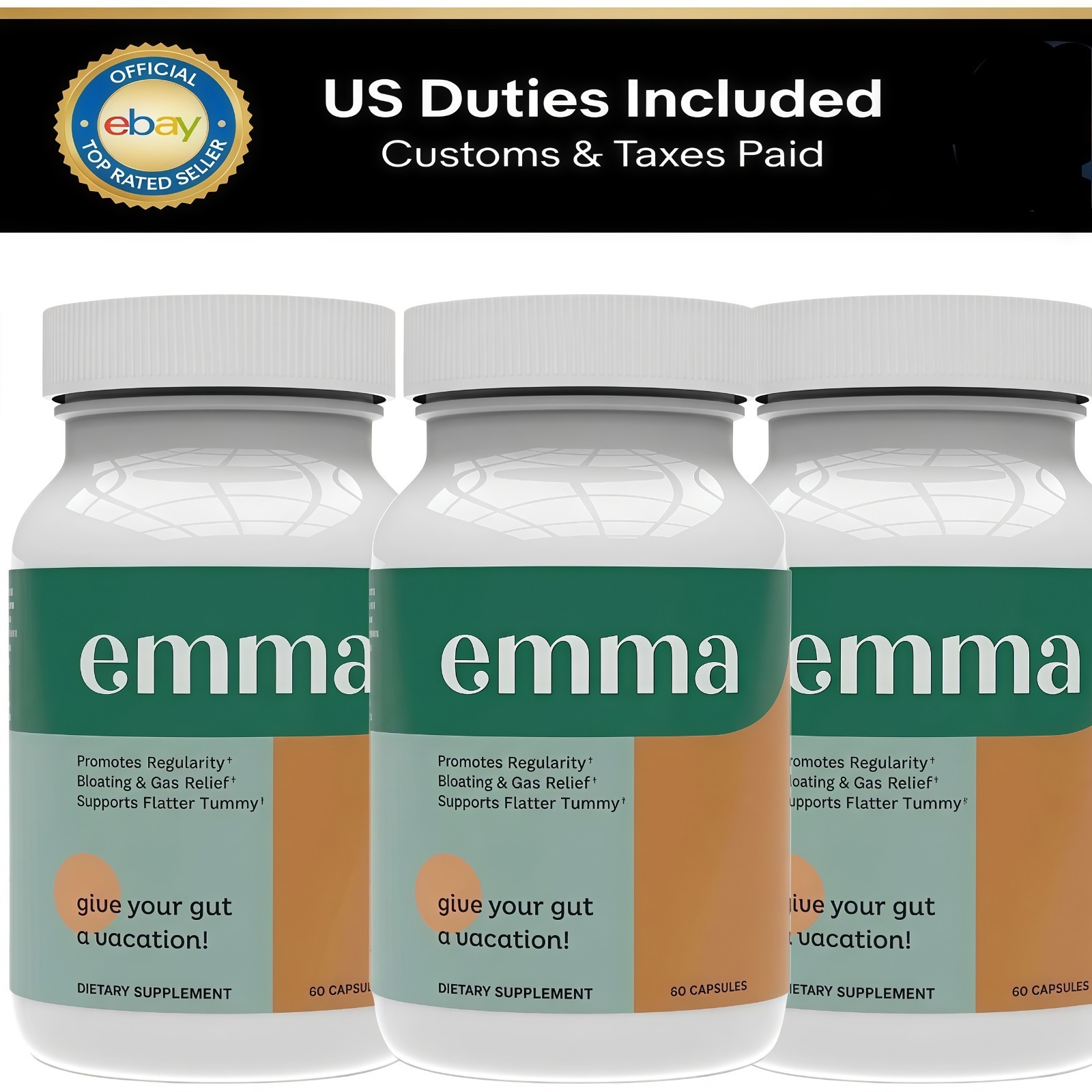 3 Pack Emma Gut Health Supplement 180 Capsules for Bloating Relief & Leaky Gut+
