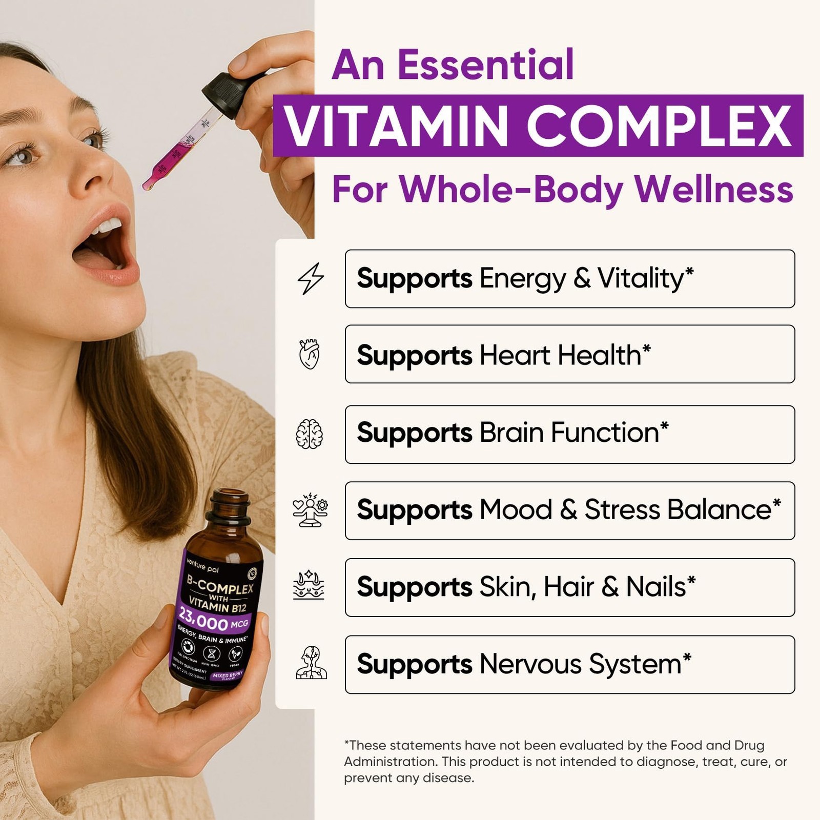 Venture Pal Vitamin B Complex Liquid Drops w/ Vitamin C B12 B9 B1 B6 B3 B5 B2 B1
