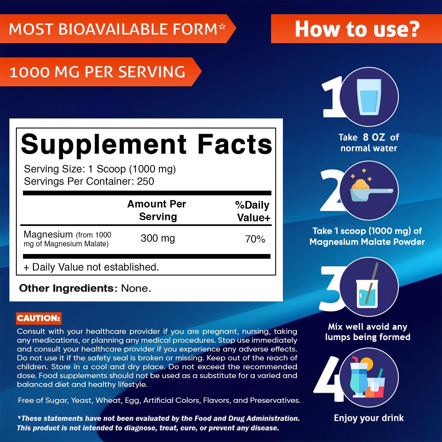 Vitamatic Magnesium Malate 1000mg per Serving – 250 Grams – 250 Servings