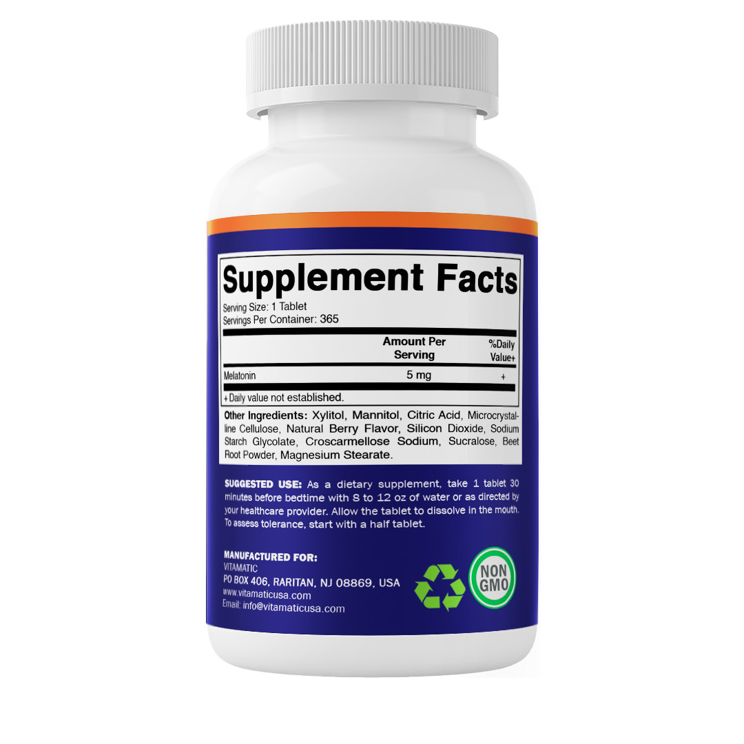Vitamatic Melatonin 5mg Tablets | Natural Berry Flavor – 365 Tablets