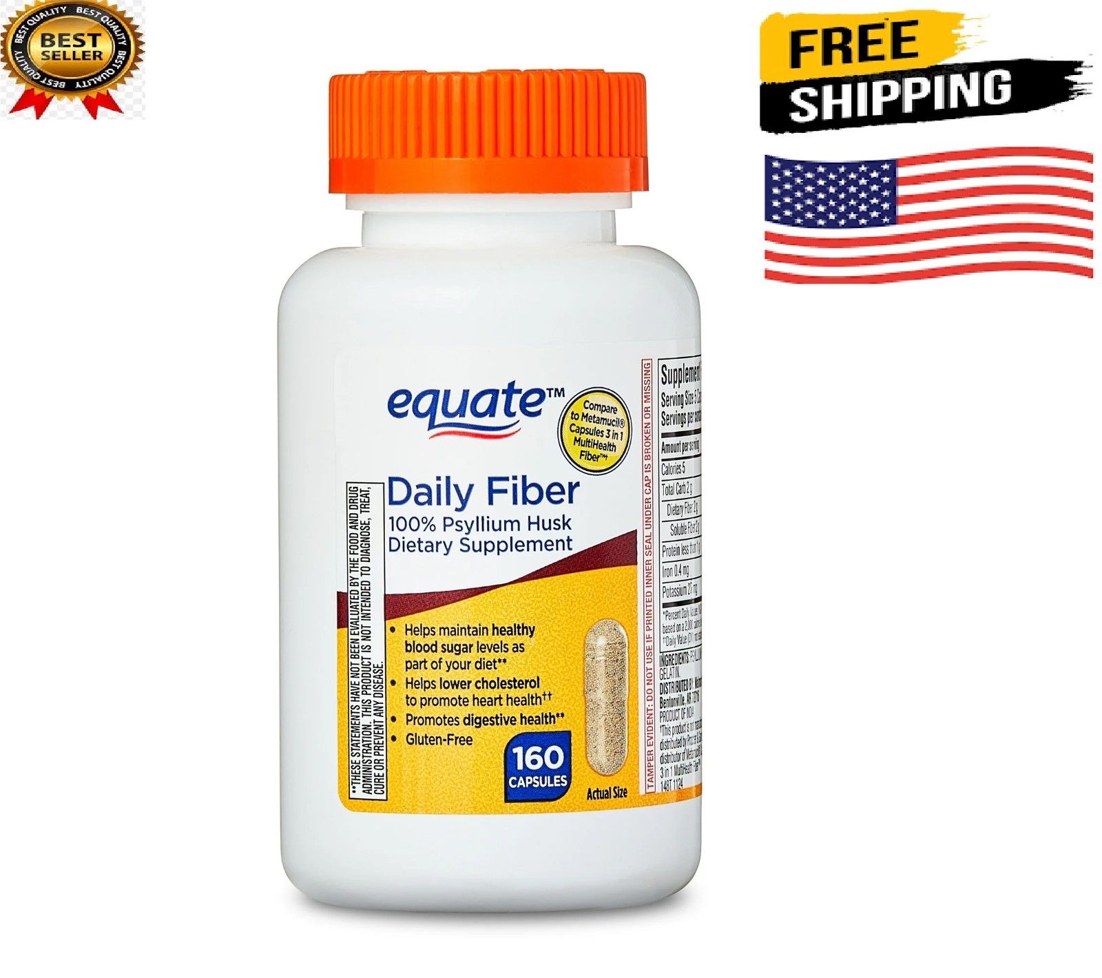 Equate Psyllium Husk Capsules, Compare to Metamucil Capsules 3 in 1 MultiHealth