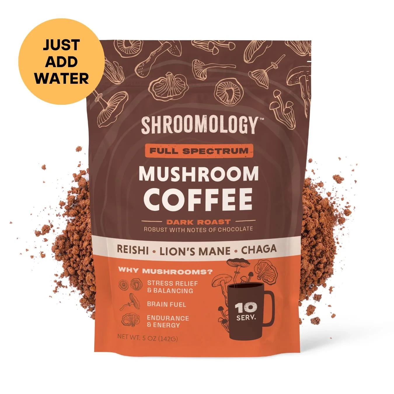 Shroomology™ Full Spectrum Mushroom Coffee Dark Roast 5 Oz Non GMO, Vegan & GF
