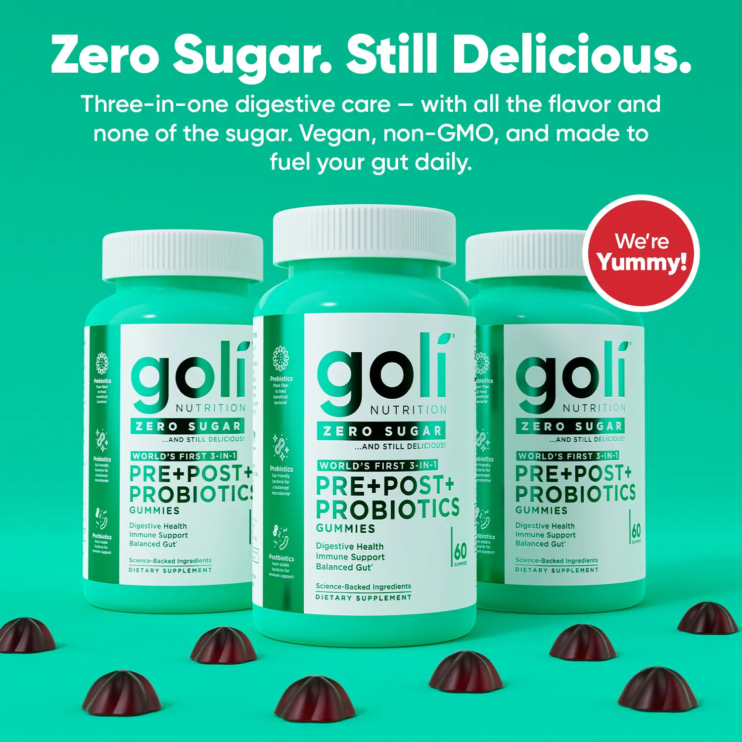 3 Bottles Sugar-Free Vegan Pre Pro Postbiotic Gummies Gluten Free 60 Count