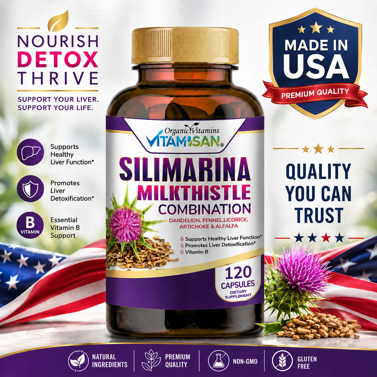 Cps of Cardo Mariano, Milk Thistle Silimariano, Detoxifies Regenerates organic o