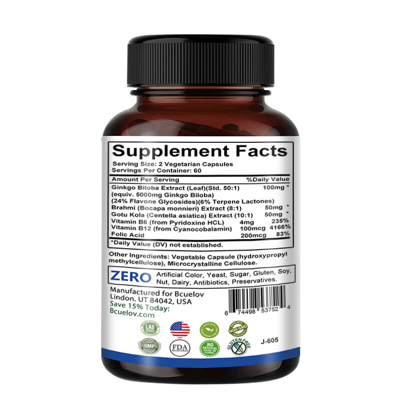 Ginkgo Biloba 5000mg |30/60/120Capsules | Non-GMO,Gluten Free for Brain Function
