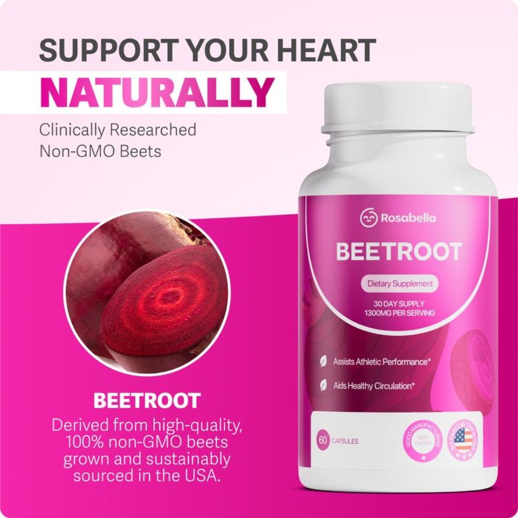 3 Pack of Rosabella (1300mg) Organic Beetroot Capsules for Blood Flow & Heart He