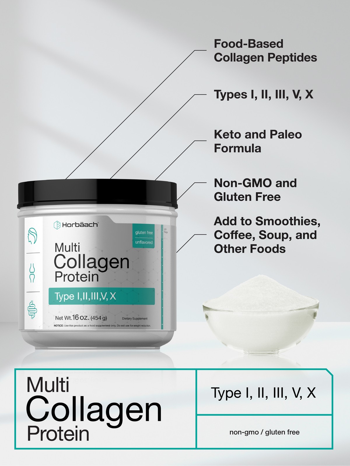 Multi Collagen Protein Powder | 16 oz | Type I, II, III, V, X | by Horbaach