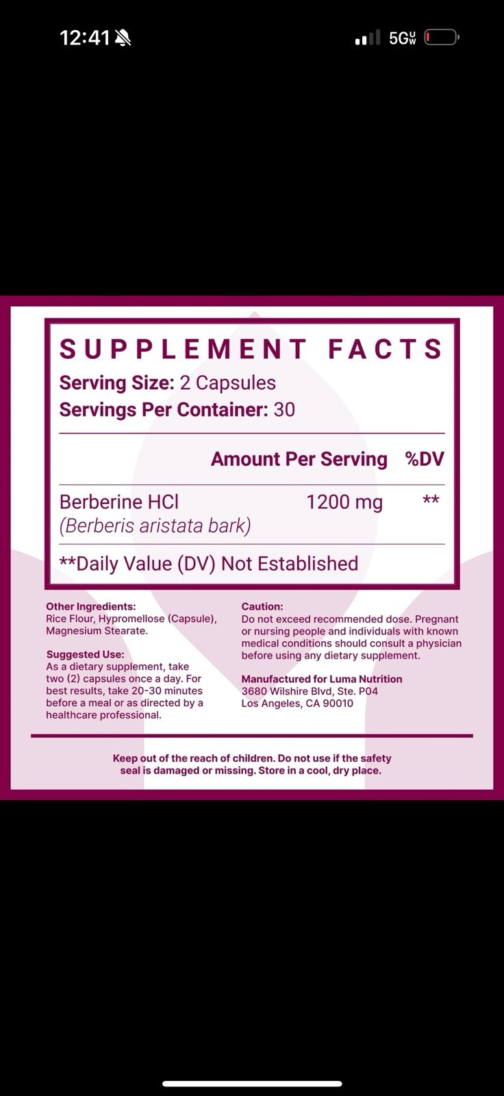 Berberine HCL Supplement 1200mg Vegan Gluten Free Non-GMO 60 Capsules LumaNutrit
