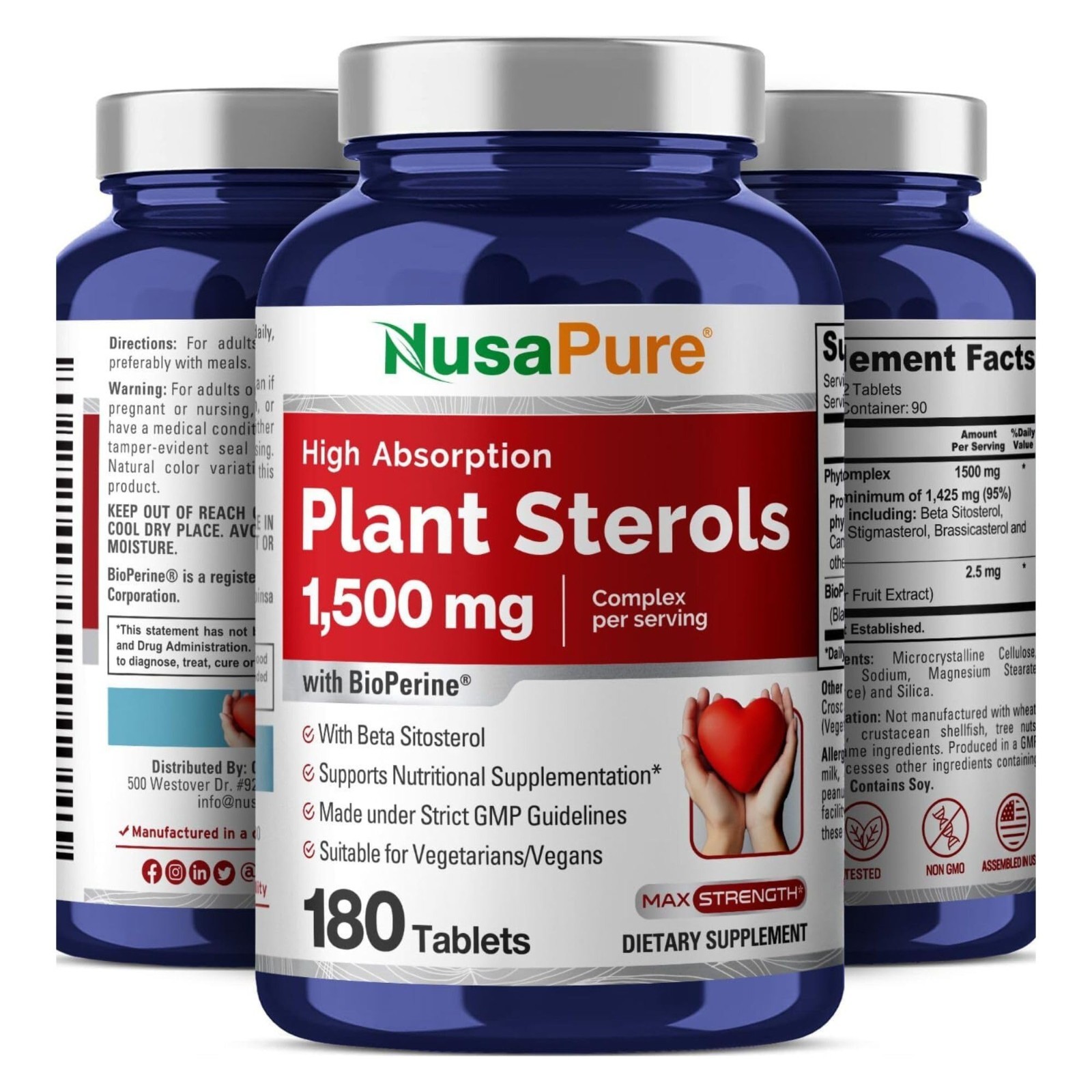 Plant Sterols 1500mg – 180 Vegan Tablets, Non-GMO, Beta Sitosterol & Bioperine