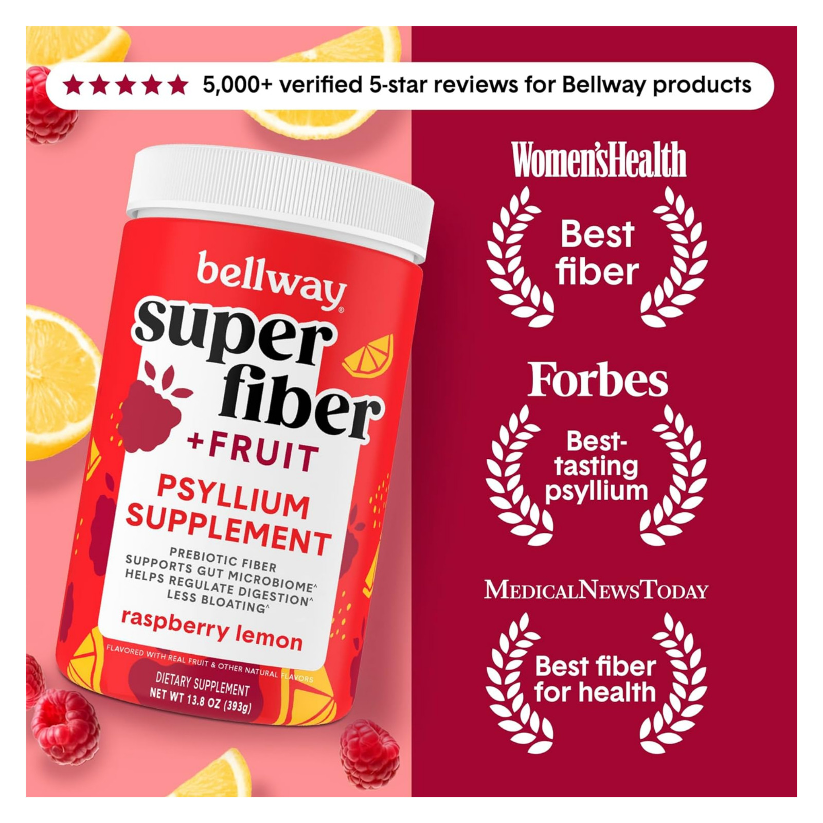 Bellway Super Fiber Fruit, Psyllium Husk Fiber Supplement, Raspberry Lemon, 18oz