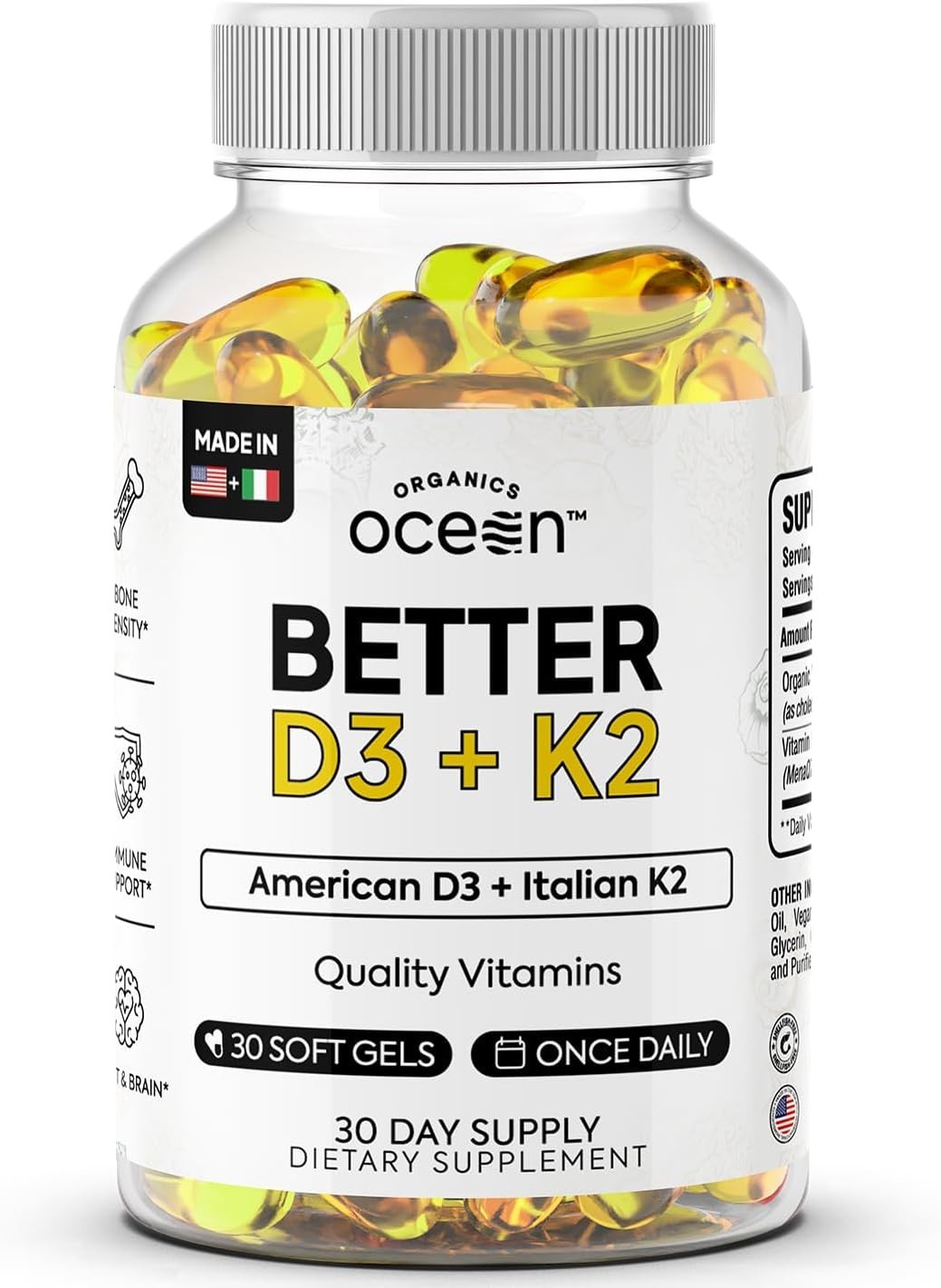 Organics Ocean Better D3 + K2 100% Organic Dietary Suppliment | 30 Softgels
