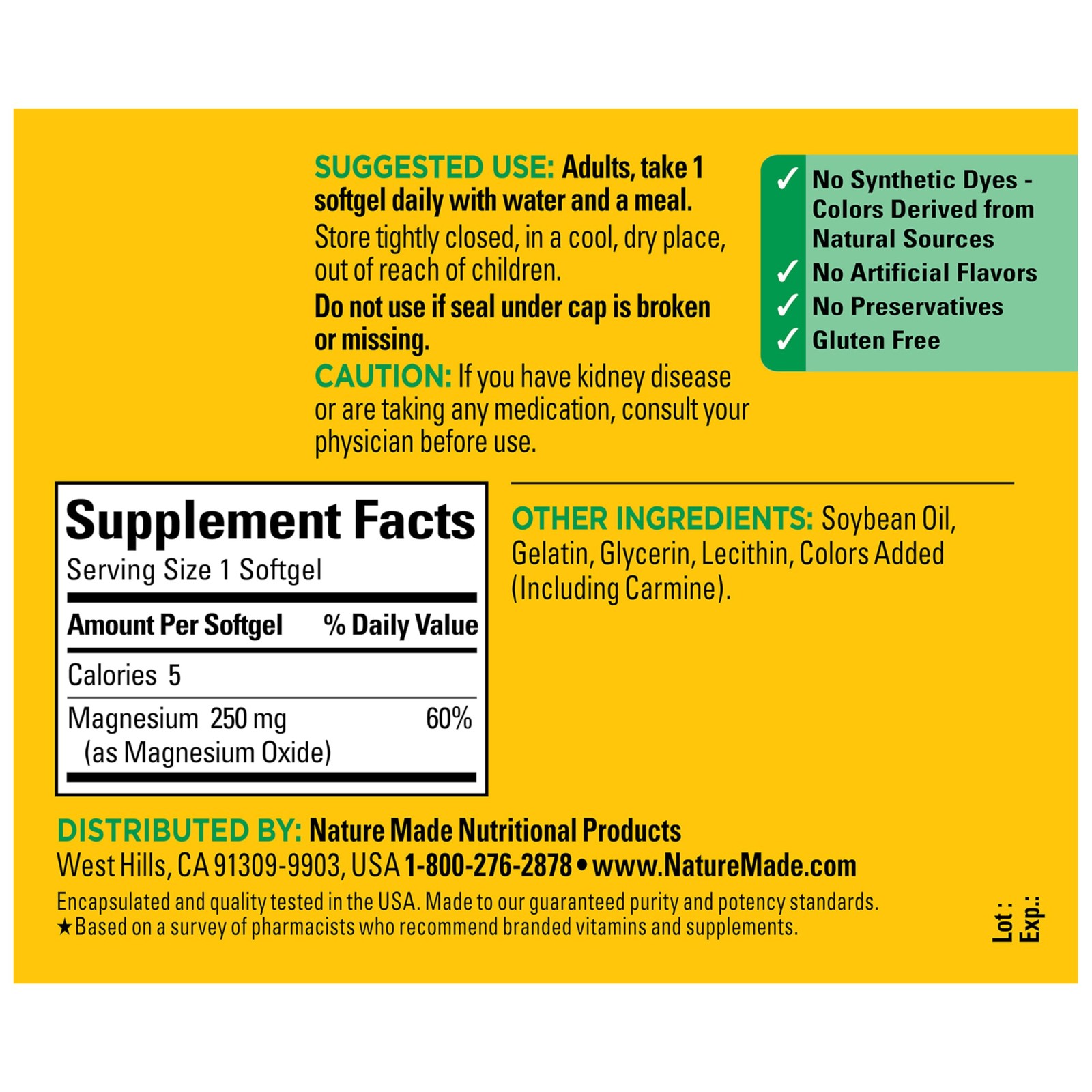 Nature Made Magnesium 250 mg Softgels, 90 90 Count (Pack of 1), No Color