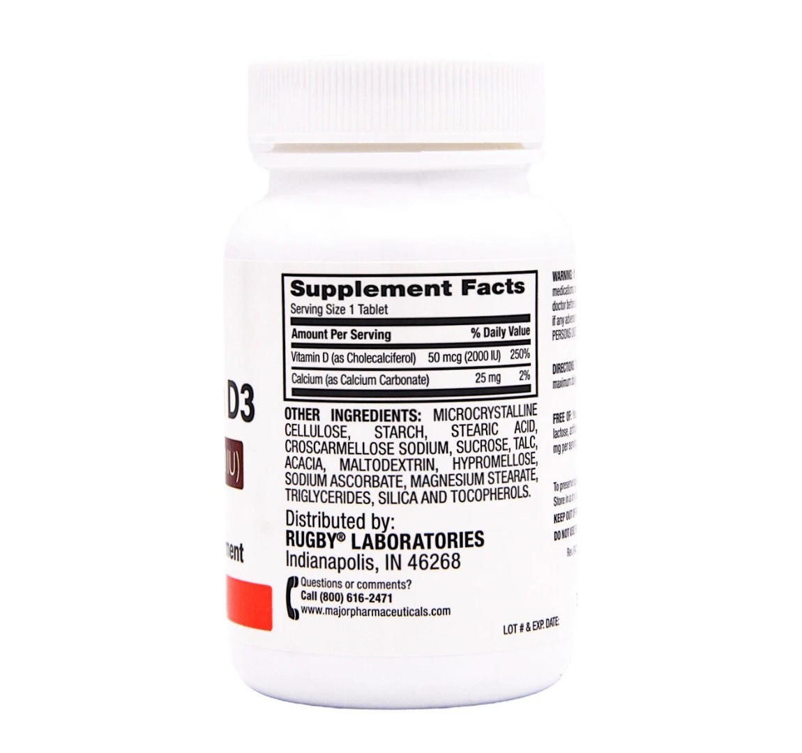 Rugby Vitamin D3 50 mcg 2000 IU, Tablet Dietary Supplement Daily Vitamin D, 100