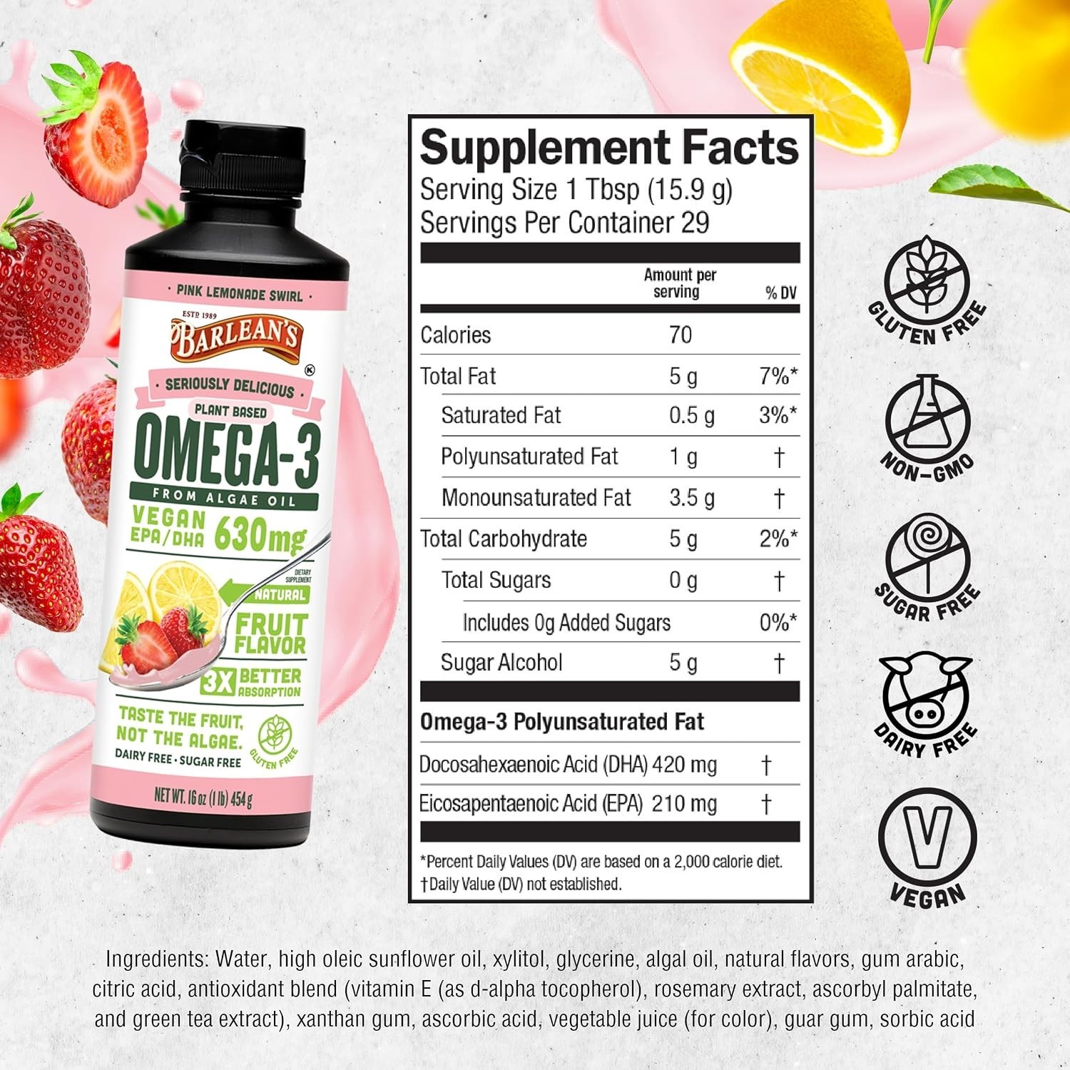 Liquid Algae Omega 3 in Pink Lemonade Flavor – 16 oz Heart Health Support
