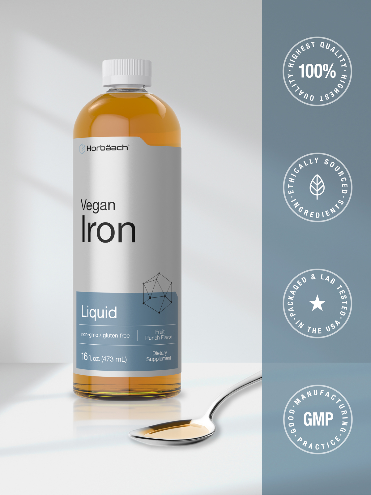 Liquid Iron Suppplement | 16 Fl Oz | Vegan | Fruit Punch Flavor | by Horbaach