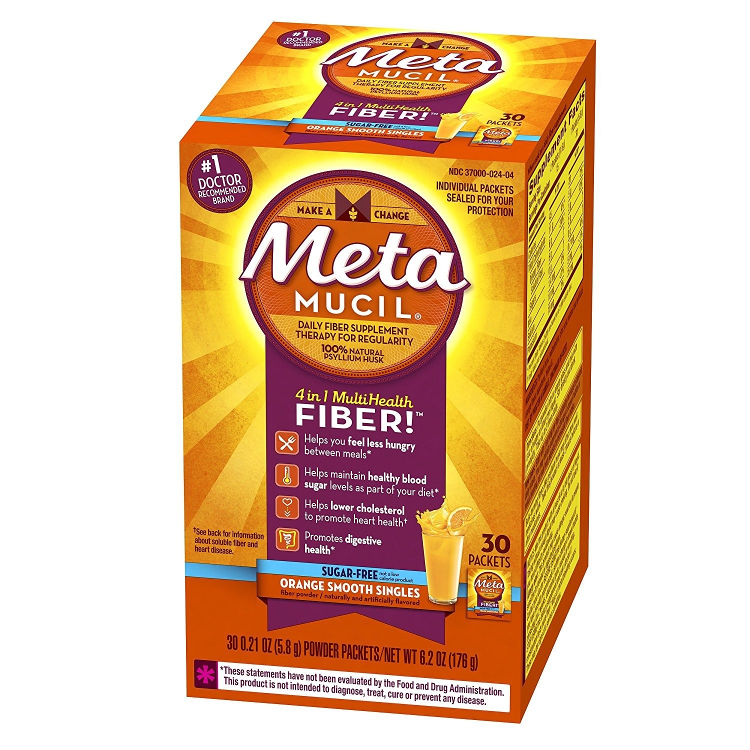Metamucil Fiber Singles Smooth Texture Sugar Free Orange 30 Packets