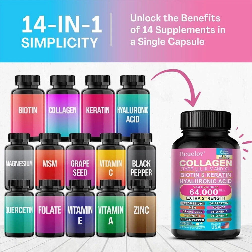 Zoyava 14 in 1 Multi Collagen Capsules, Biotin Keratin Hyaluronic Acid, 90 Capsu