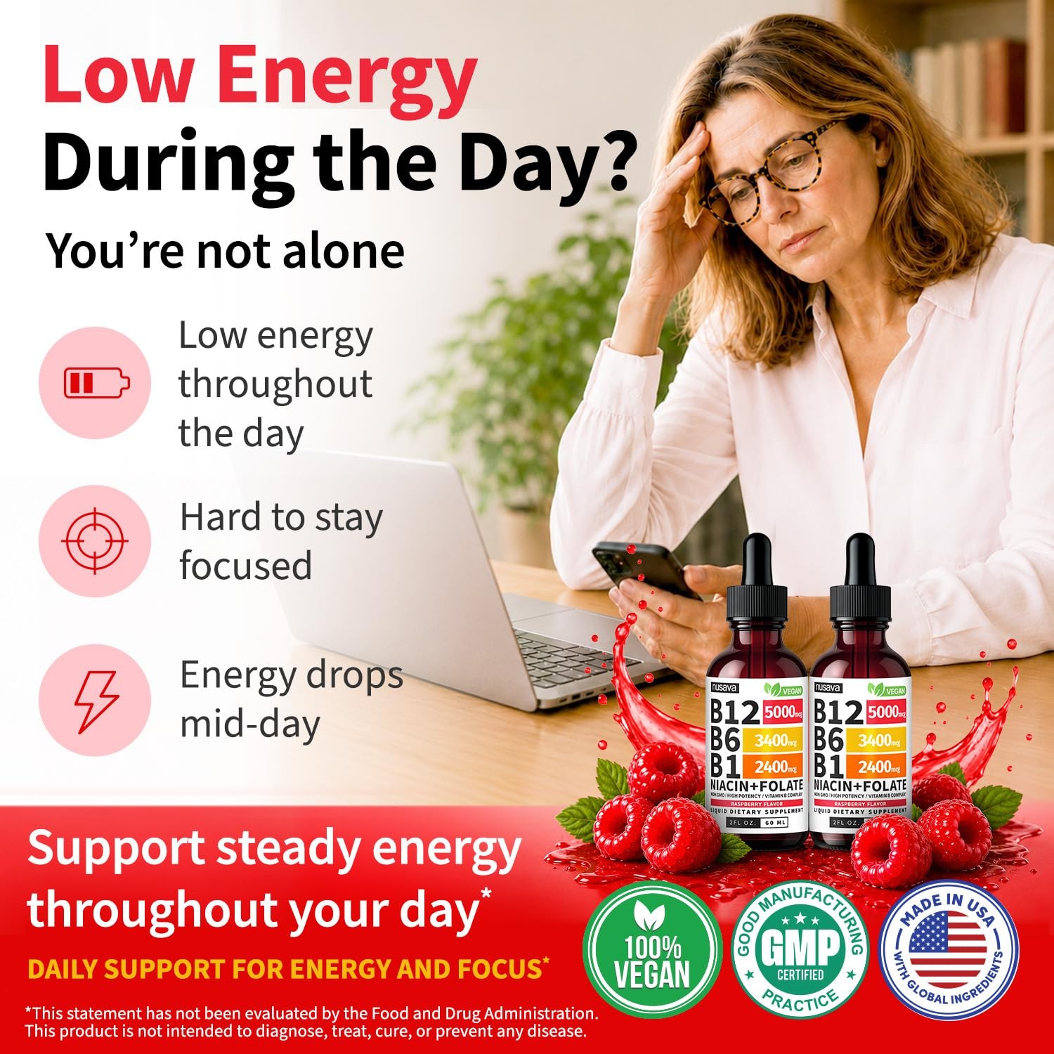 Vitamin B12 Liquid Drops 2 Fl Oz Sublingual B12 Supplement Raspberry Flavor B6