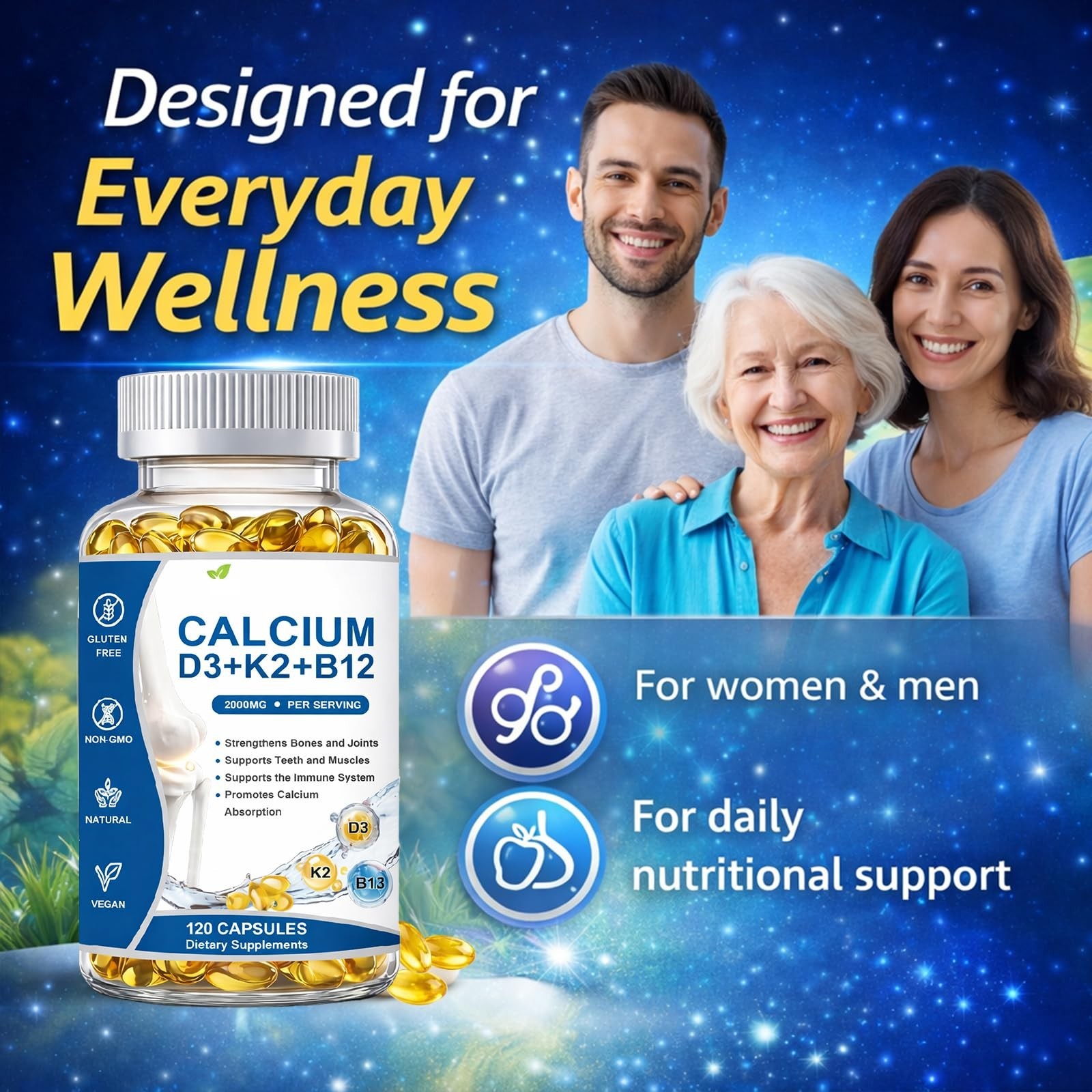 Calcium D3 K2 B12 Softgels 2000mg – Strengthen Bones & Teeth, Boost Energy, Non-