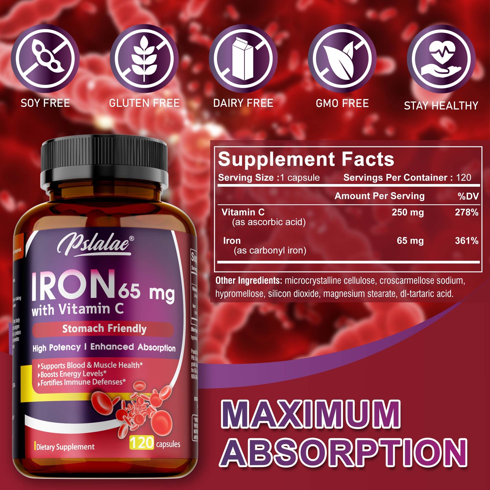 Iron Supplement – with Vitamin C-Improve Energy Levels, Relieve Anemia & Fatigue