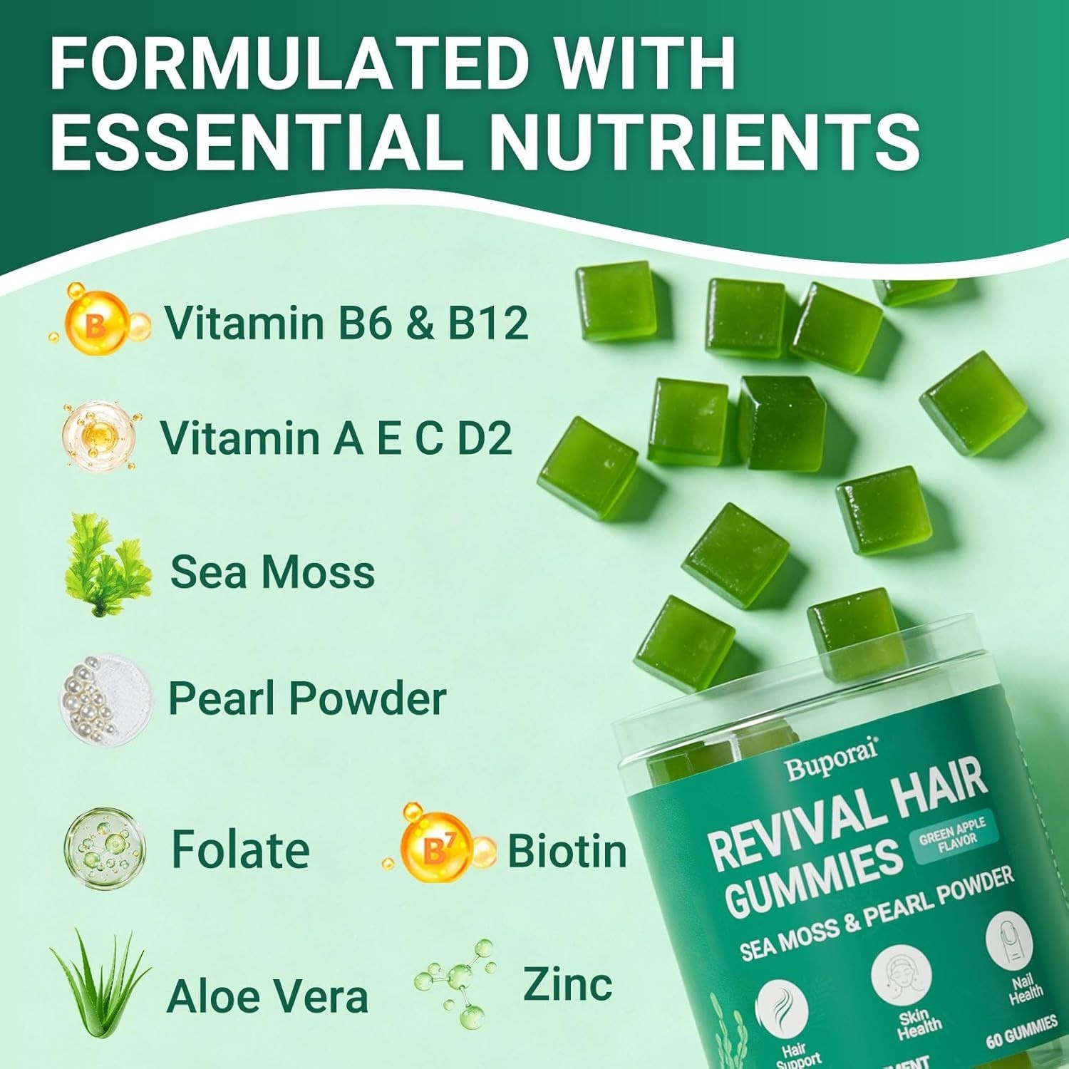 Hair Growth Gummies, Buporai Revival, Sea Moss Biotin with Pearl Powder, 60 Gums