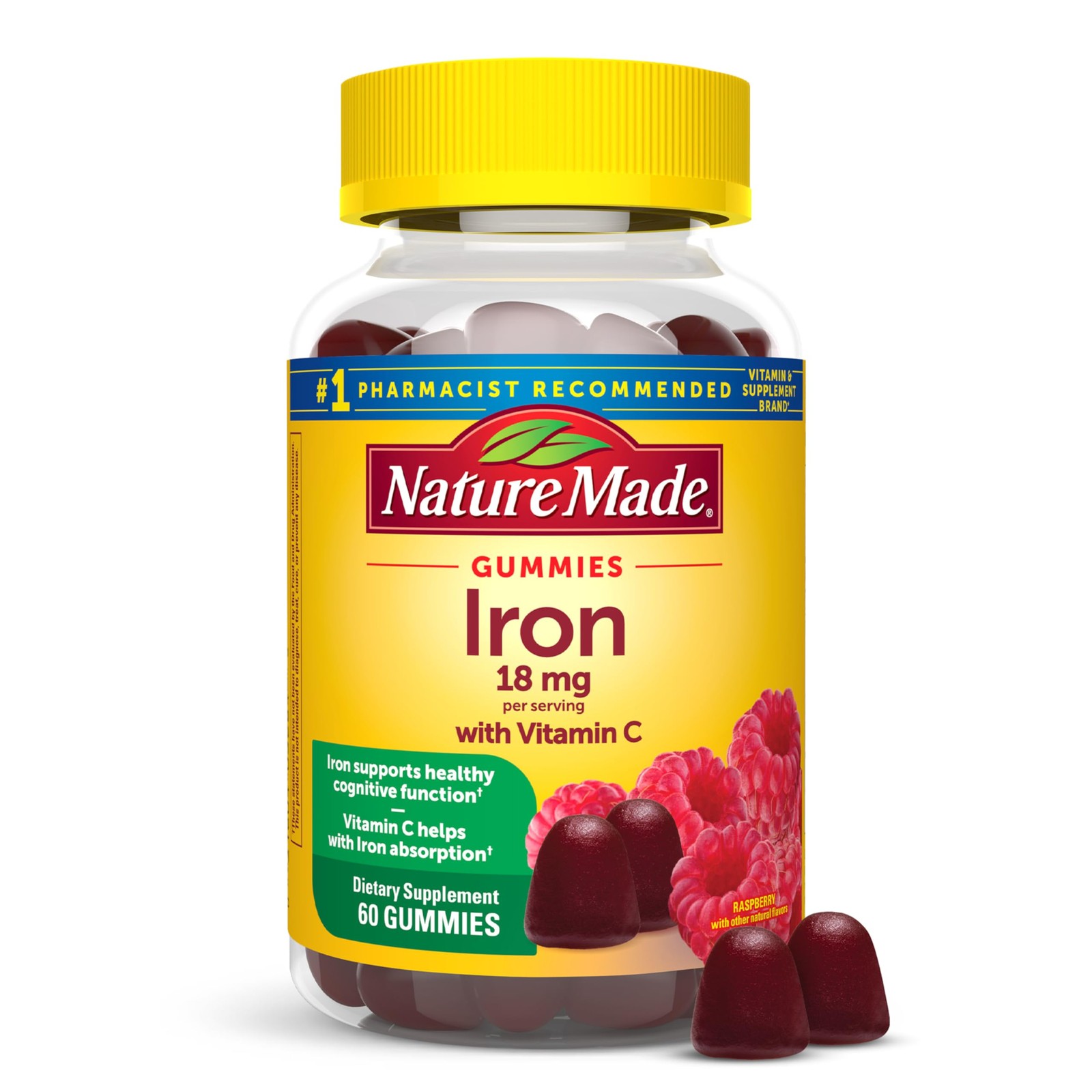 Iron 18 mg per Serving Gummies 60 Count (Pack of 1), Dark Red