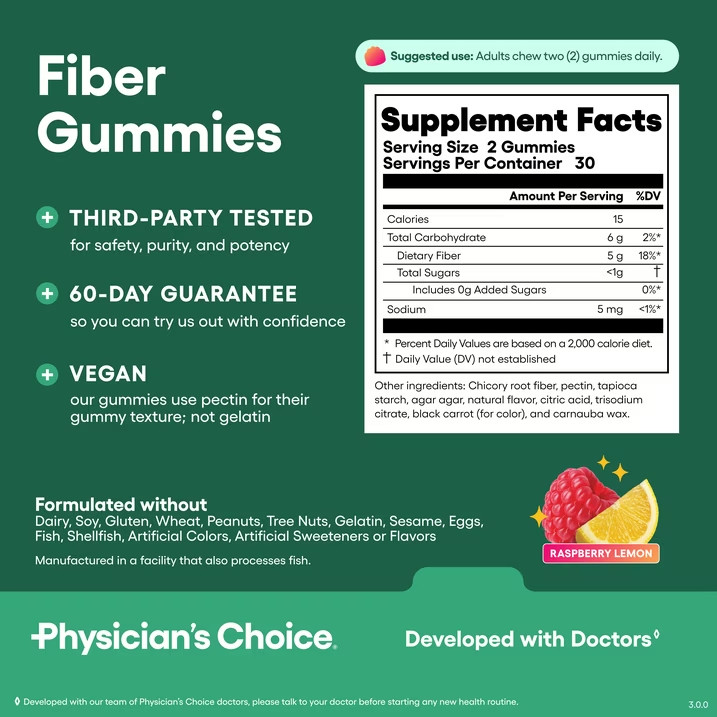 Physician’S Choice Fiber Gummies for Digestive Health & Regularity – Raspberry L