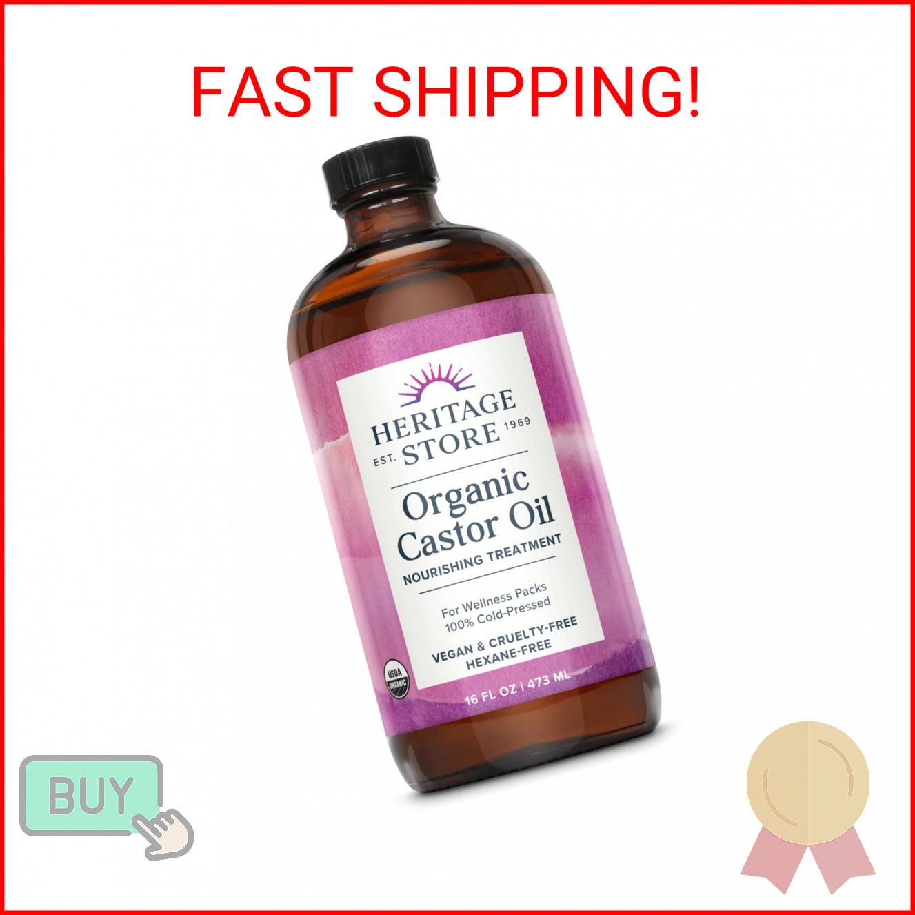 HERITAGE STORE Organic Castor Oil – Glass Bottle – Nourishing Treatment for Hair