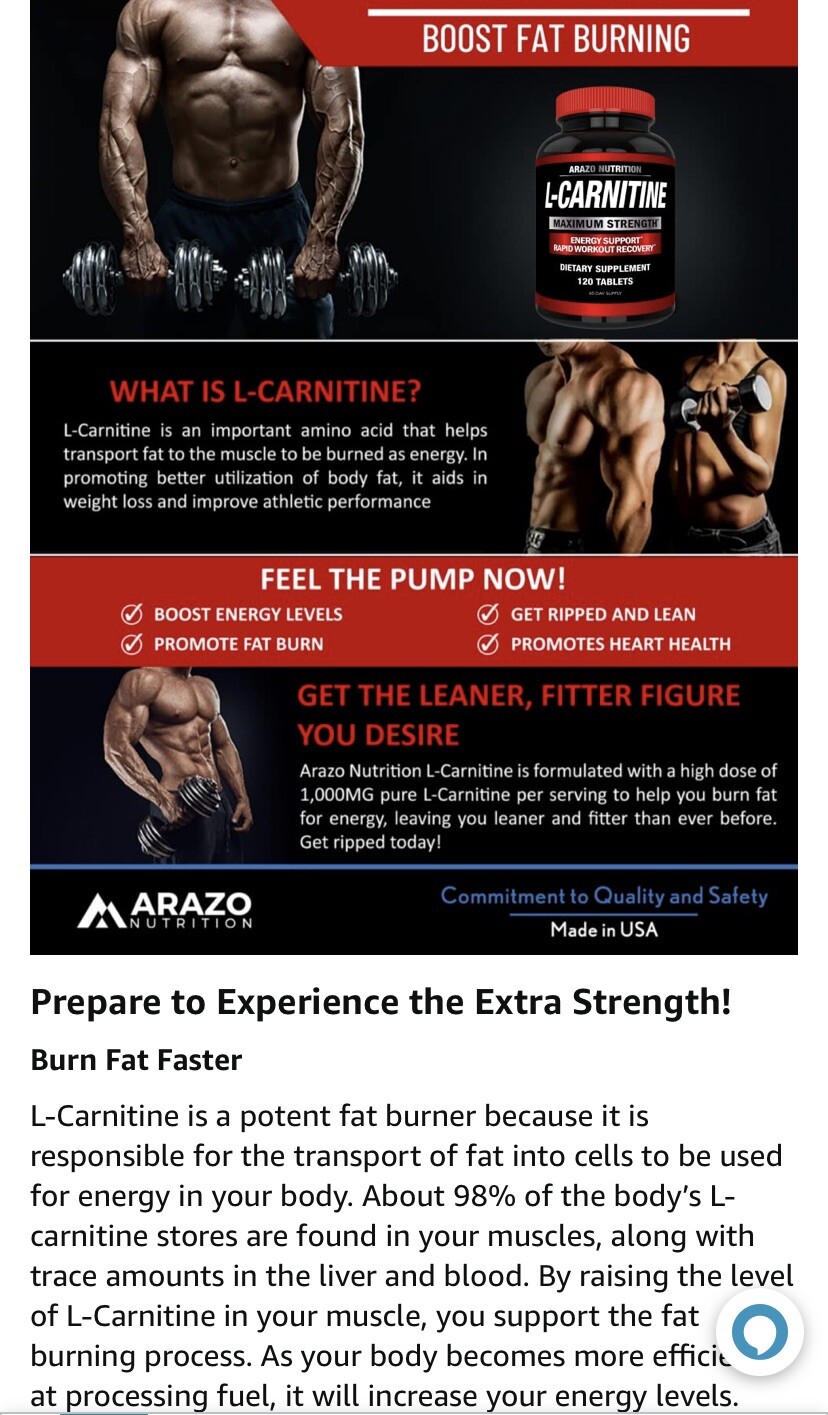 ARAZO NUTRITION L-Carnitine 1000mg Servings Maximum strength ex: 12/2024