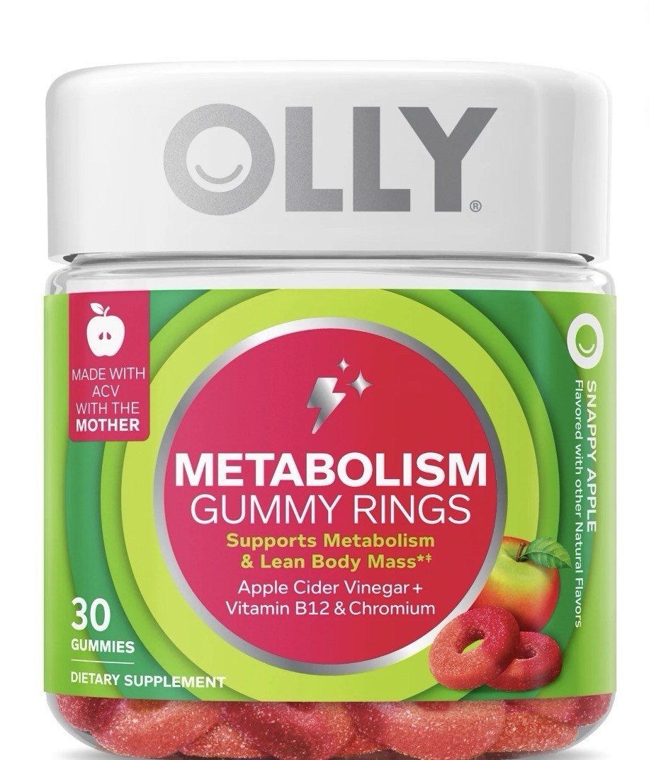 OLLY Metabolism Gummy Rings Apple Cider Vinegar, Vitamin B12, Chromium 30 Count.