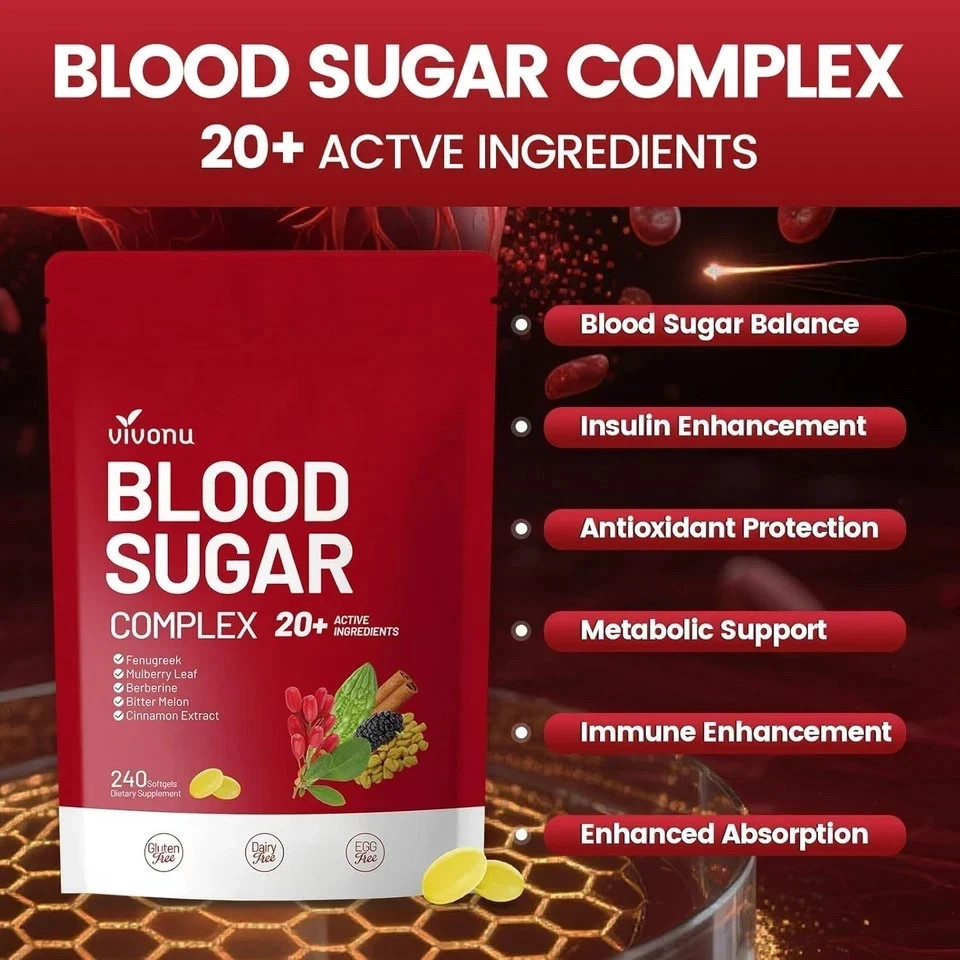 VivoNu Blood Sugar Complex Supplement with 20 Herbs and Vitamins 240 Softgels.